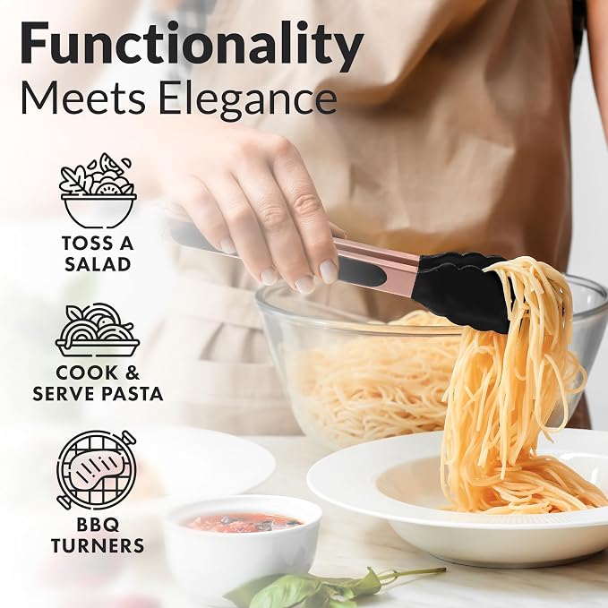 Zulay Stainless Steel Kitchen Tongs with Silicone Tips - Set of 2 (9” & 12”) Locking Cooking Tongs with Non-Slip Grip - Heat Resistant, BBQ Food Tongs for Non-Stick Cooking Pans (Rose Gold/Black)