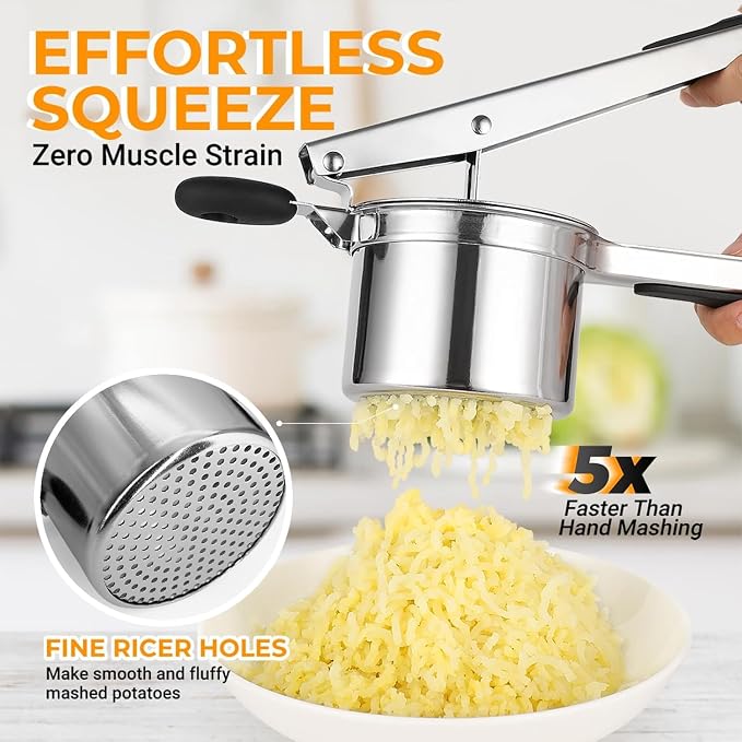 Large 15oz Potato Ricer Heavy Duty Stainless Steel Potato Masher and Ricer Kitchen Tool, Press and Mash Kitchen Gadget For Perfect Mashed Potatoes - Everytime (Black)
