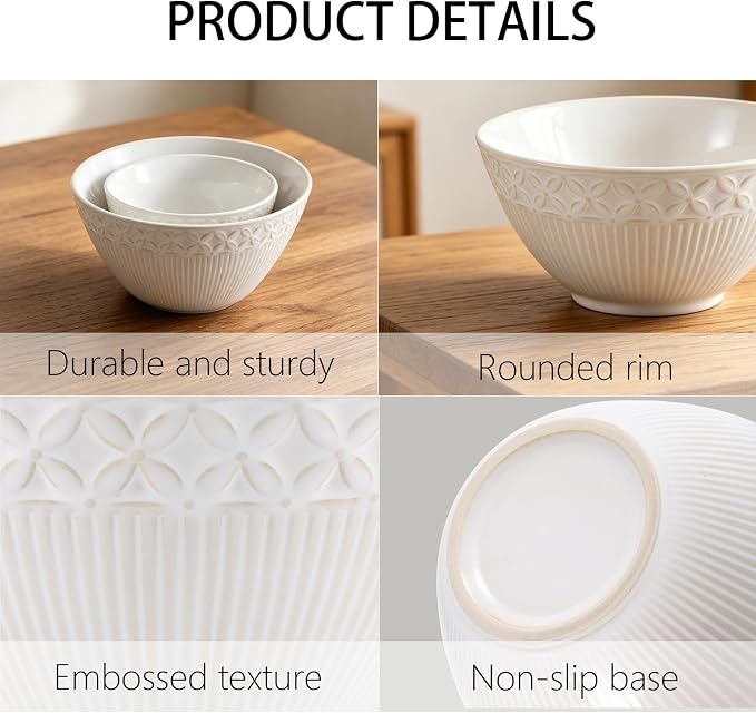 Ceramic Mixing Bowls Set, 2 Pcs Large Salad Serving Bowl, Vintage Nesting Mixing Bowls with Embossed Surface for Cooking, Baking & Prepping, Microwave and Dishwasher Safe