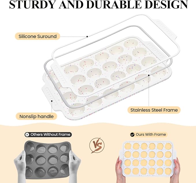 Vinino 12 Cup and 24 Cup Silicone Muffin Pans with Reinforced Frame, Cream | Silicone Muffin Pans Set for Baking with Non-Slip Handle, Nonstick Muffin Tray for Oven, BPA Free, Dishwasher Safe-Cream