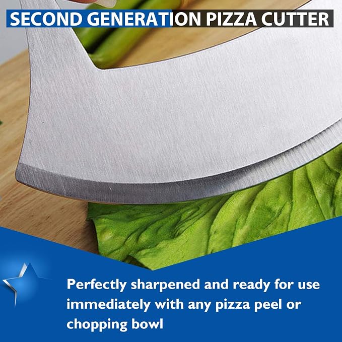 KEISSCO Pizza Cutter Stainless Steel Ulu knife Razor Sharp Rocker Slicer Cutter Mincing Mezzaluna Knife Salad Vegetable Chopper with Upgraded Ergonomic Anti-Slip Handle