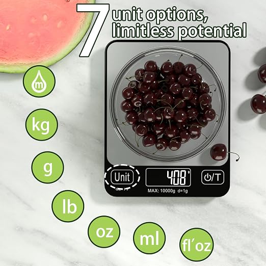 Food Scale Digital, 10kg/22lb Kitchen Scales Weight for Baking, Cooking, Keto and Meal Prep with 7 Units, Balance Alimentaire 1g Accuracy LCD Display, Grams Oz, Silver (Battery Included)