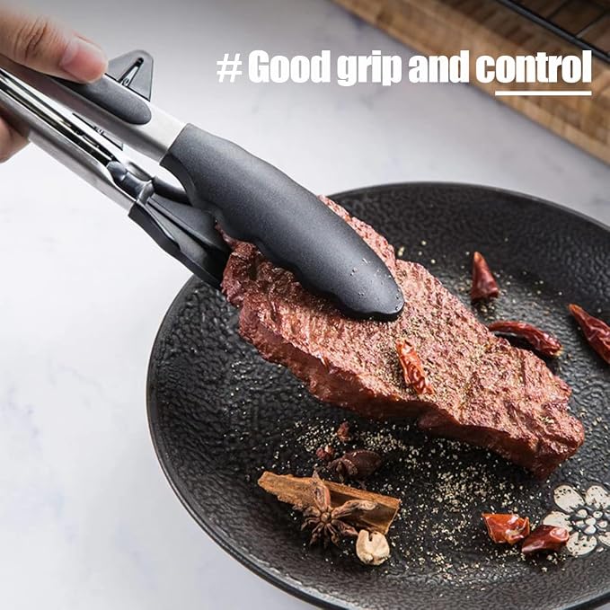 Silicone Kitchen Tongs, 3Pcs Tongs for Cooking with Silicone Tips, Food Grade Small Tong, Mini Serving Tong for BBQ Salad, Black, 7"+9"+12"