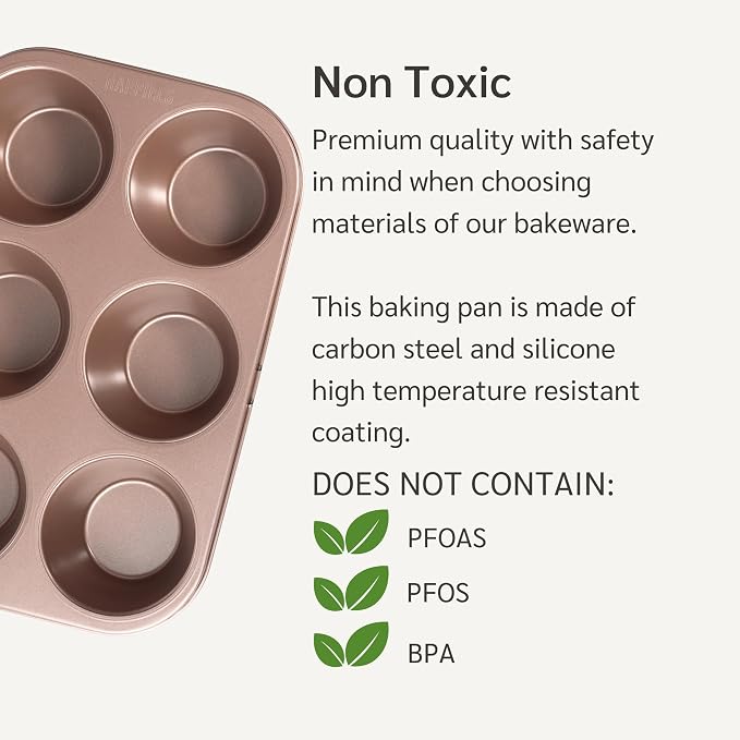 6 Cup Jumbo Muffin Pan Nonstick, PFOA & BPA Free | | Non-Toxic - High Carbon Steel - Gold - Large Cupcake Tin for Oven Baking