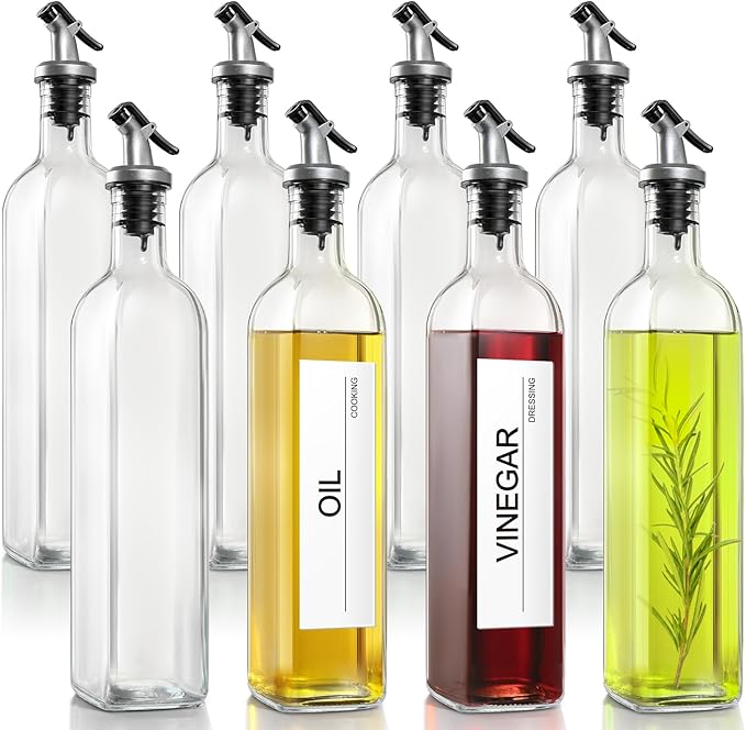 gmisun Olive Oil Dispenser for Kitchen 8 Pack, Glass Oil Dispenser Bottle 17oz, Cooking Soy Sauce Bottle Container Cruet with Plastic Pourer Spout, Funnel and Labels, Clear