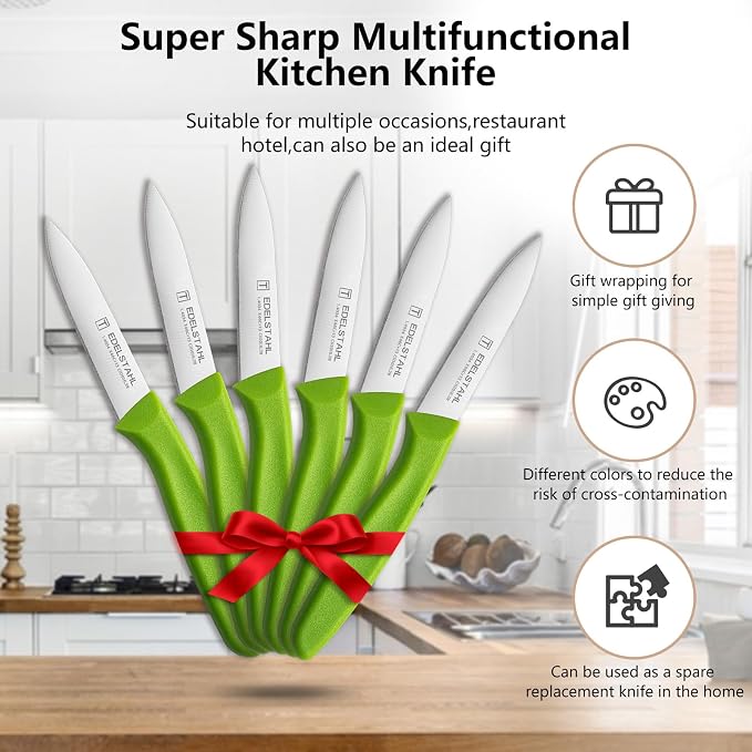 Premium Paring Knife, Stainless Steel Paring Knives Set of 6,Sharp Vegetable&Fruit Knife,Small Knife Set,Ergonomic Handle Paring Knives,Straight Edge Peeling Knifes,Green&Dishwasher Safe