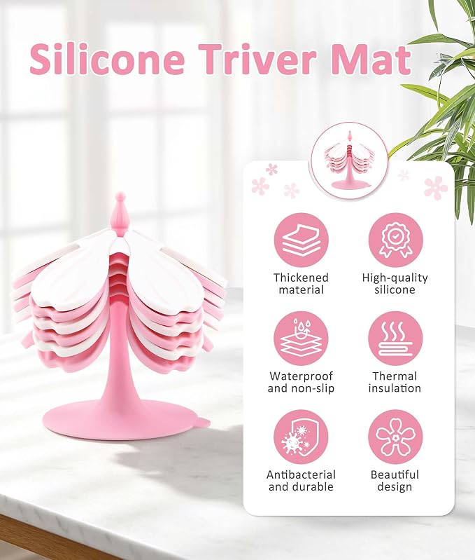 Silicone Trivet Mat - 6 Flower-Shaped Silicone mats + 1 Stand, Non-Slip & Heat Resistant Kitchen Hot Pads for Table & Countertop, Multifunctional Mats can Hold Coffee, Plates