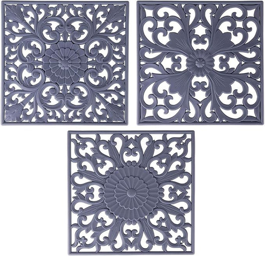 Silicone Trivets Mats for Hot Pots and Pans, Square Non Slip Mat for Table or Counter, Multi-Use Hot Pads for Microwave, Flexible Modern Pad Heat Resistant Big Teapot Coaster Set of 3 Gray