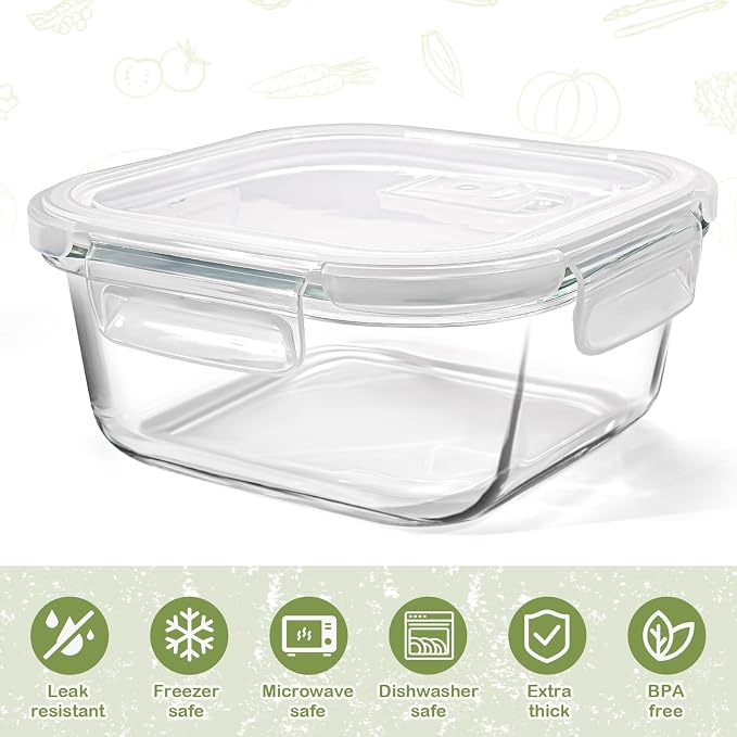 Square Glass Containers with Lids 3 Cup/24 oz, 4 Pack | Borosilicate Glass Bowl | Airtight | Meal Prep | Sandwich | Oven Microwave Freezer Dishwasher Safe | Small Food Storage Sets