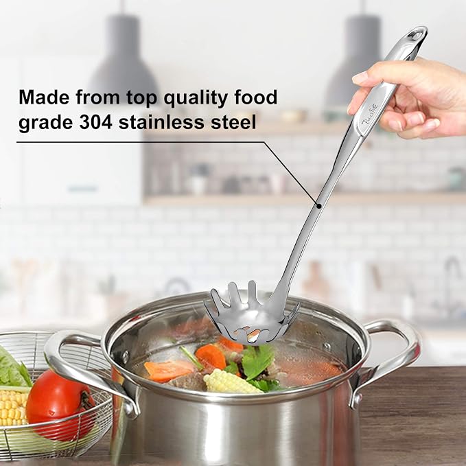 Kitchen 304 Stainless Steel Spaghetti Server – 12" Pasta Fork with Draining Holes & Anti-Slip Teeth – Rust-Resistant Noodle Ladle – Dishwasher Safe Kitchen Utensil for Everyday Use