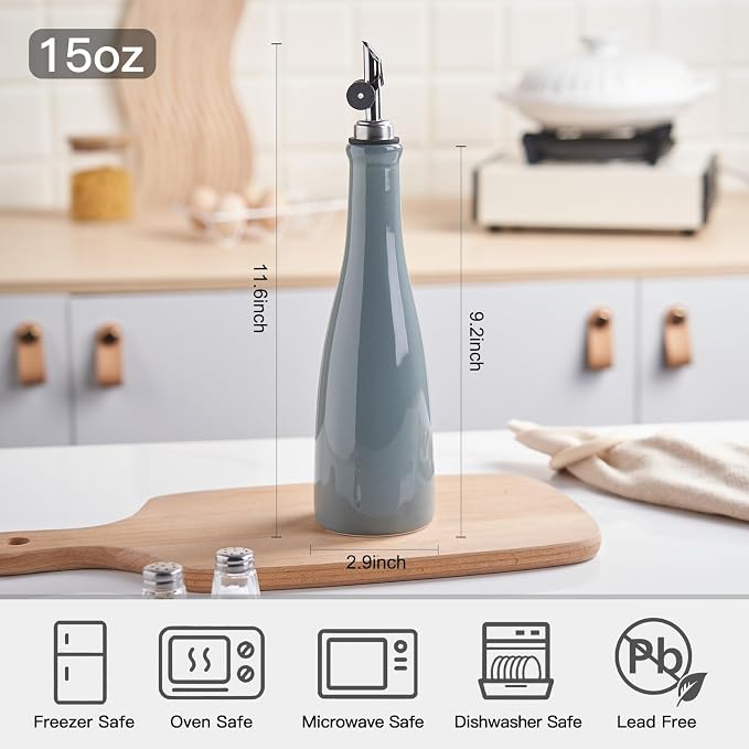 YOLIFE Olive Oil Dispenser Bottle, 15oz Ceramic Oil Dispenser for Kitchen | Oil Bottle with Gravity Spout, Leak Proof EVOO Dispensing Bottle with 2 Spouts and 1 Funnel for Vinegar, Juice(Gray)