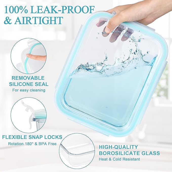 GEHE 2 Pack 52oz Large Glass Food Storage Containers with Lids, Glass Meal Prep Containers with Airtight Lids for Baking, Storing, Lunch Container, Microwave/Freezer/Dishwasher Safe, BPA Free