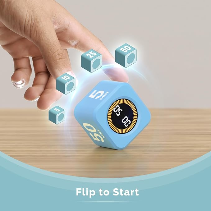 KADAMS Visual Timer – Cube Pomodoro Timer, LED Countdown Ring & Count Up Mode, Silent Flip Productivity Timer for Study, Classroom, Office, Cooking (Blue 5-10-25-50 min)