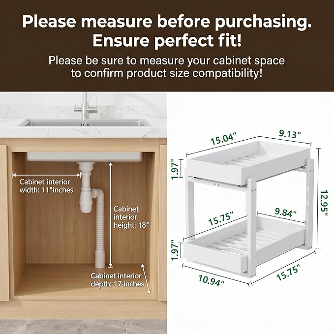 Bamboo Under Sink Organizer Adjustable Height 2 Tier Bathroom Organizer Pull Out Cabinet Storage Kitchen Heave Duty Wood Slide Ou Shelf for Kitchen Bathroom (Black, 2 Packs) (White, 2 Pack)
