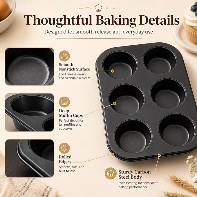 Premium Non-Stick Muffin Baking Pan,6-Cup cake Pan Set of 2(Black) | Even Heat Distribution,Rustproof & Dishwasher Safe,Food-Grade 304 Stainless Steel Muffin Mold for Home Baking,Ideal Gift