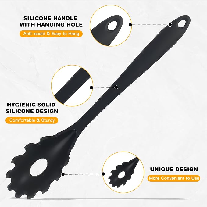 Spaghetti Spoon Set with Non-Slip Silicone Teeth, 12-Inch Non-Slip Pasta Spoon, Heat Resistant Kitchen Utensils with Storage Holes, Dishwasher Safe (black)