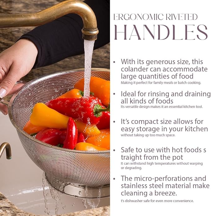 Bellemain Colander for Kitchen – 5 Qt Stainless Steel Strainer with Handle - Pasta Strainer Bowl for Pasta, Spaghetti, Vegetables, Fruit, and Pot Draining - Stainless Steel Colander