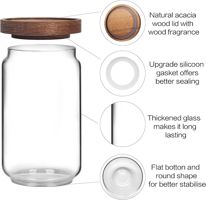 Anwoi 6-Pack Glass Pantry Storage Jars with Airtight Acacia Wood Lids – 23 oz Lead-Free Thick Glass Canisters with Silicone Seal, Labels & Marker Included