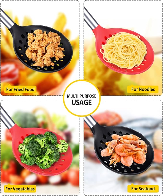Silicone Kitchen Ladle Strainer, Black-Red, 2 Pack | Slotted Spoon, High Heat Resistant, BPA Free, Non Stick, Ideal for Draining and Frying