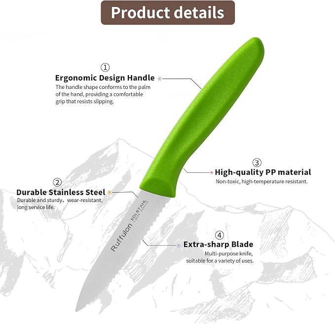 Stainless Steel Paring Knife With Serrated Blade, 6 Pieces Set Vegetable and Fruit Knife, Ultra Sharp Small Kitchen Knife,Green Paring Knives with PP Plastic Ergonomic Handle.