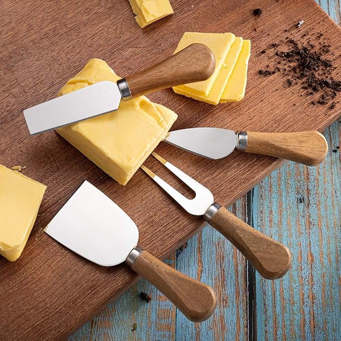 Cheese Knives 6 Set with Wooden Handle, Mini Steel Stainless Cheese knife set for Charcuterie and Cheese spread Mini Serving Tongs Spoons Forks Toothpick Flags for party Wedding Christmas