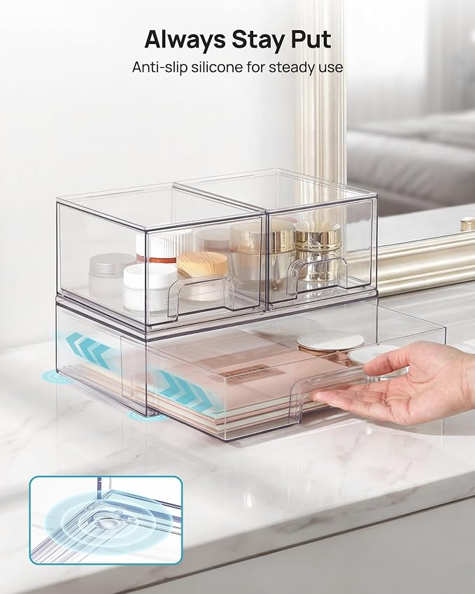 Vtopmart Clear Stackable Storage Drawers Set of 4, Plastic Organizer Bins | Multi-purpose Boxes for Bathroom Accessories, Beauty Supplies, Ideal for Cabinet, Shelf, Pantry, Laundry Room Organization