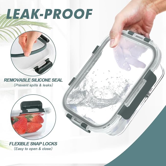 30 oz 5 Pack Glass Meal Prep Containers with Lids, Gray | Glass Food Storage Containers with Lids, Airtight Lunch Box, BPA-Free, Dishwasher, Microwave, Oven and Freezer Safe