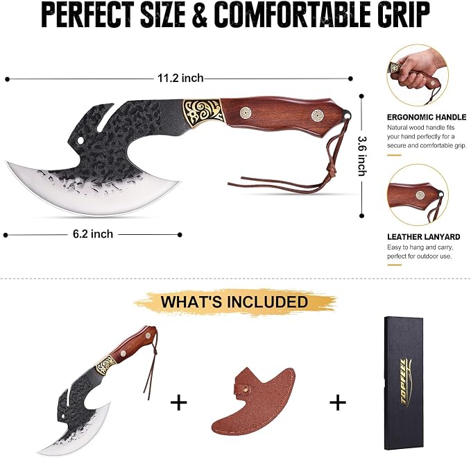 Topfeel Hand Forged Viking Knife 6.2" Meat Cleaver with Sheath, Chinese Kitchen Axe Boning Knife for Meat Cutting, High Carbon Steel Butcher Knife Home Outdoor BBQ Camping Birthday Gifts for Men Dad