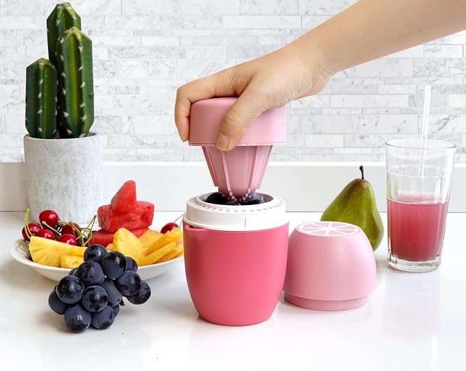 Lechin Hand Juicer, Lemon Squeezer, Two Squeezing Options, Pink | Unique lemon shape, for various fruits, dishwasher-safe, with strainer and container, 480 ml