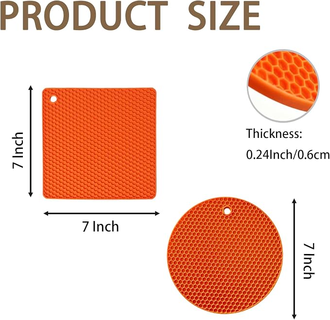 6-Pack Silicone Trivet Mats, Heat Resistant Hot Pads, Dishwasher Safe Kitchen Mats, BPA-Free Pot Holders for Table, Countertop, Stove, Honeycomb Design (Orange, 7” Square/Round)