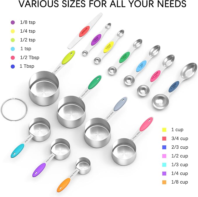 Nesting Measuring Cups and Spoons Set, Stainless Steel with Soft Silicone Handle – Heavy Duty & Dishwasher Safe for Measuring Dry/Liquid Ingredients, Ideal for Cooking & Baking (14)