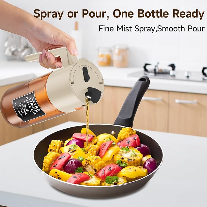 2-Pack 2-in-1 Oil Sprayer & Dispenser Dark Glass Fine Mist No-Drip | Two 500ml dark glass bottles for family cooking, meal prep & oils; food-safe, 304 filter, wide-mouth refill/cleaning.