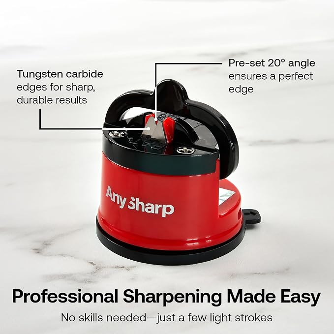 AnySharp – Editions – Hands Free Knife Sharpener - Easy to Use Sharpening Tool with PowerGrip Suction Base and 20-Degree Pre-Set Angle - for All Knives: Chef's, Serrated, and Hardened Steel - Red