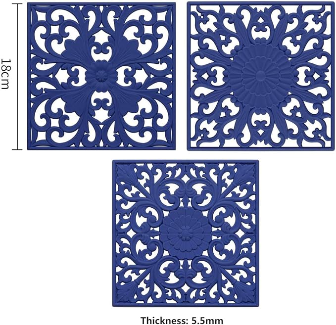 Silicone Trivets for Dishes, Square Trivet Hot Pads for Kitchen Counter, Trivet Mat for Pots and Pans, Heat Resistant Mat for Quartzs, Kitchen Tabletops Pot Holder Set 3 Navy Blue