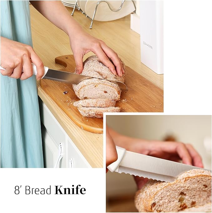 White Knife Set with Block, 7 Pieces Small Knife Block Set with Stainless Steel Blade Ergonomic Handle, Kitchen Knives Set Gifts for Chef