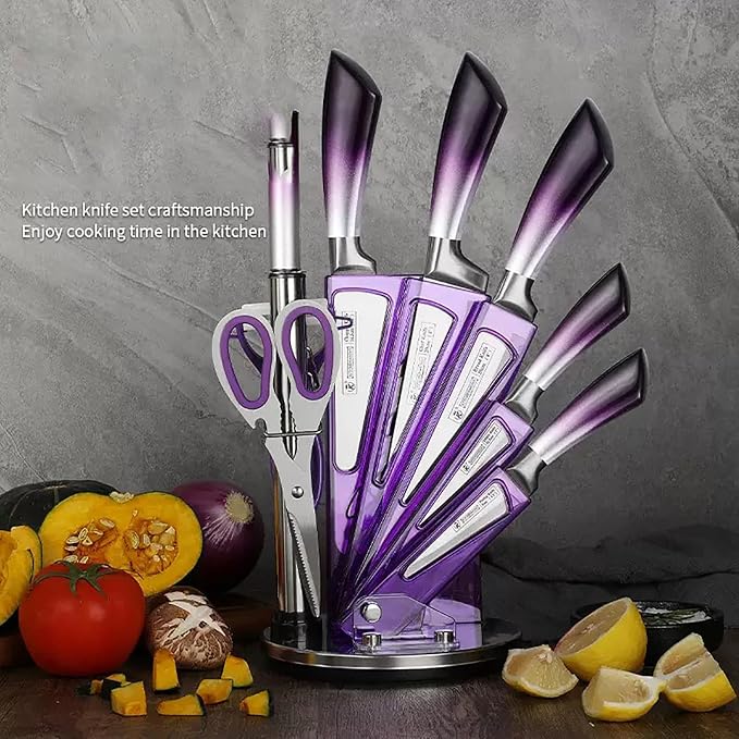 Kitchen Knife Set, 9Pcs Purple Knife Set with Acrylic Block, Ergonomical Handle,Non Stick Sharp Stainless Steel Chef Knife Block Set for Home Cooking Gift