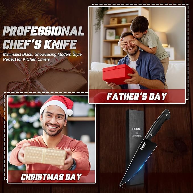 Huusk Japanese Chef Knife for Kitchen - 8in Stainless Kitchen Knife with Black Titanium Coating, All Purpose Cooking Knives for Vegetable & Meat Cutting, Ultra Sharp Gyuto Knives, Men's Gift