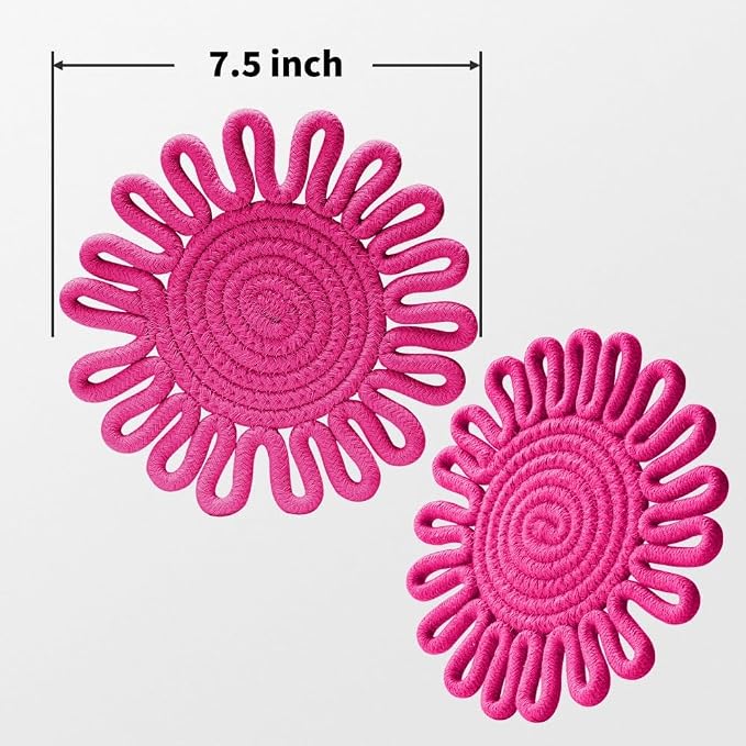 Kitchen Trivets for Hot Dishes Potholders for Countertop Hot Pads Hot Mats or Trivets for Hot Pots and Pans Home Essentials Boho Farmhouse Kitchen Decor Set of 3, 100% Cotton,7.5" (Rose-Red)