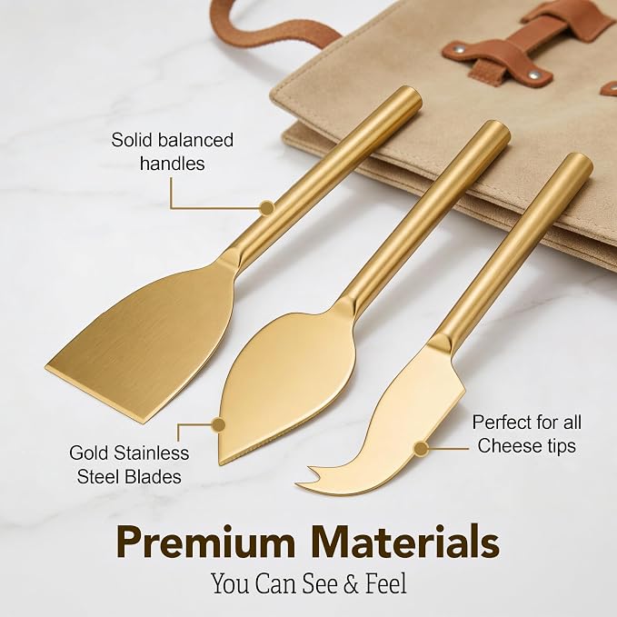 Cheese Knife Set for Charcuterie Board – 3-Piece Gold Stainless Steel Cheese Knives with Leather Pouch – Elegant Charcuterie Tools, Utensils Set