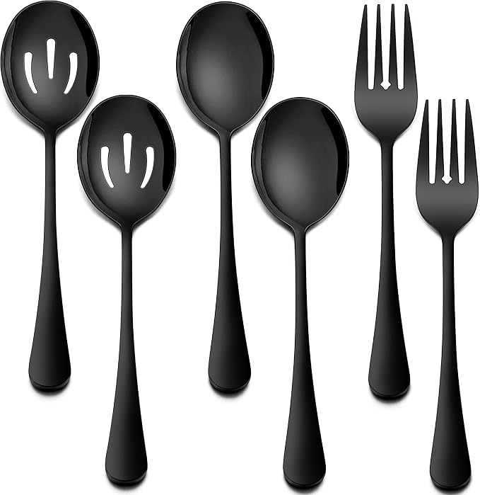 Homikit Stainless Steel 2 Black Serving Spoons, 2 Black Slotted Serving Spoons, 2 Black Serving Forks, Metal Buffet Party Banquet Restaurant Catering Serving Utensils, Mirror Polish, Dishwasher Safe