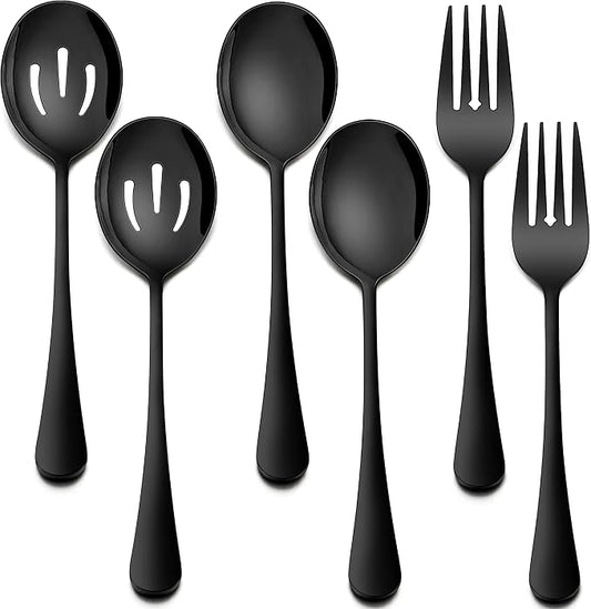 Homikit Stainless Steel 2 Black Serving Spoons, 2 Black Slotted Serving Spoons, 2 Black Serving Forks, Metal Buffet Party Banquet Restaurant Catering Serving Utensils, Mirror Polish, Dishwasher Safe