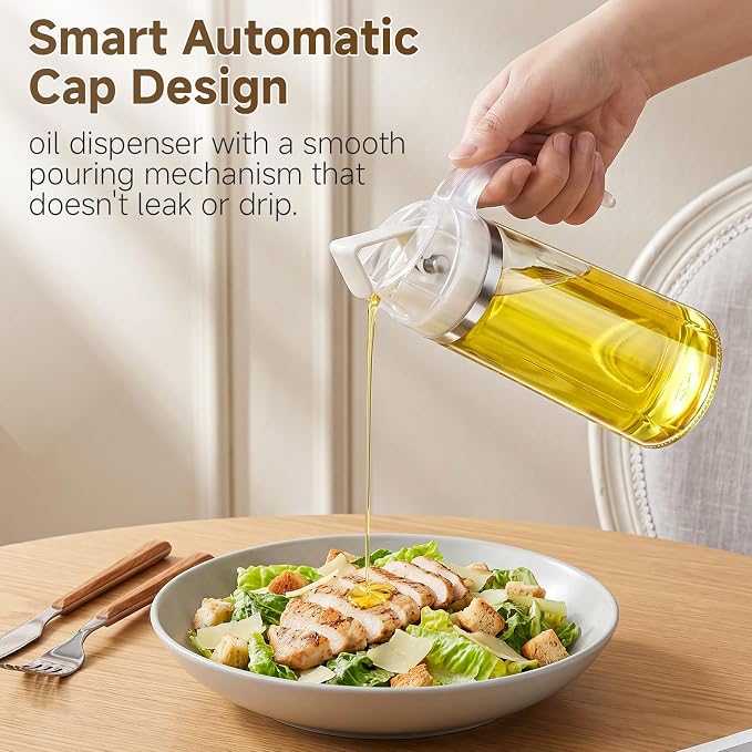 Marbrasse 20oz Glass Oil Dispenser Bottle with Auto Flip Cap, White + Brown | Auto Flip Cap for One-hand Use, Leakproof Design, for Olive Oil/Vinegar/Cooking Oil, Kitchen Essential