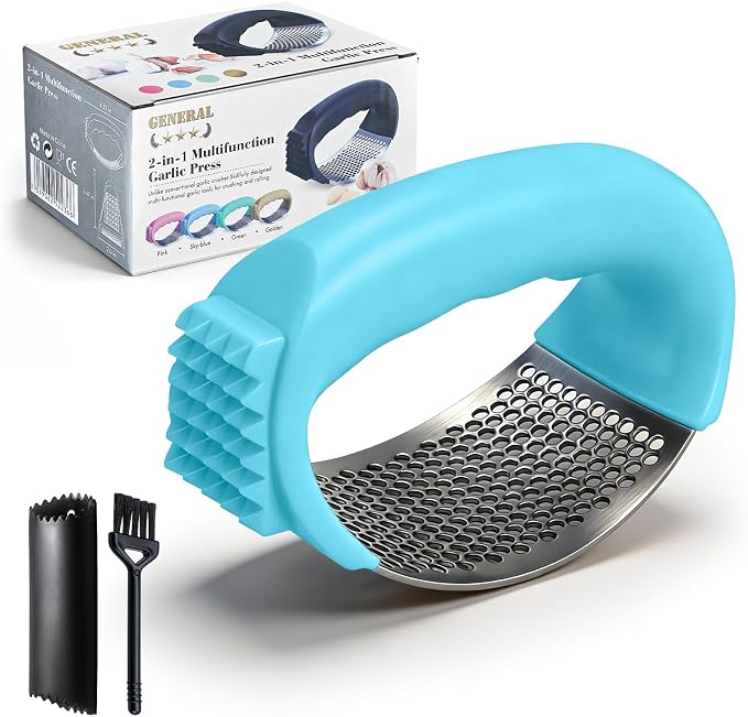Garlic Press Rocker 304 Stainless Steel Garlic Mincer Crusher Easy to Clean Dishwasher Safe Textured End for Light Tenderizing, with Silicone Peeler and Cleaning Brush (Blue)