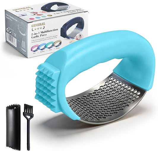 Garlic Press Rocker 304 Stainless Steel Garlic Mincer Crusher Easy to Clean Dishwasher Safe Textured End for Light Tenderizing, with Silicone Peeler and Cleaning Brush (Blue)