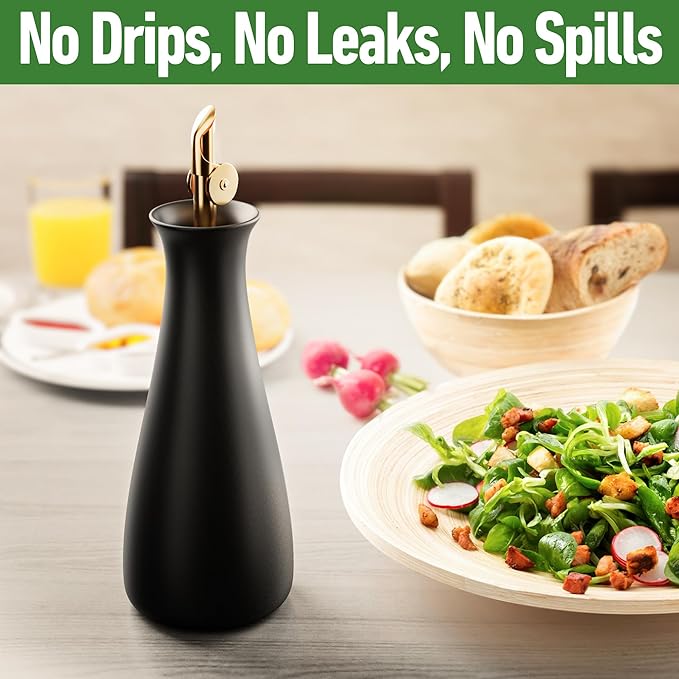 Ceramic Olive Oil Dispenser with Self-Closing Gold Spout, 530mL, Leakproof | Leak Proof EVOO Dispensing Bottle, Stainless Steel Self-Closing Spout, Ergonomic, Durable, Easy Pour, Stylish, 530mL Capacity
