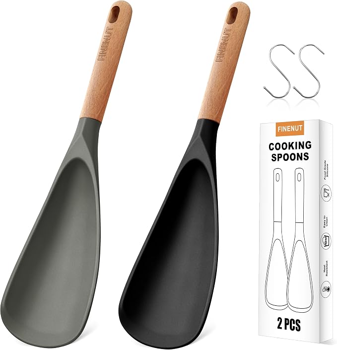 2-Pack Silicone Cooking Spoons with Wood Handle & S-Hooks - Heat Resistant 446°F Spoonula for Nonstick Cookware - BPA Free Multifunction Spatula Spoon for Mixing, Scooping&Serving (Black&Gray)