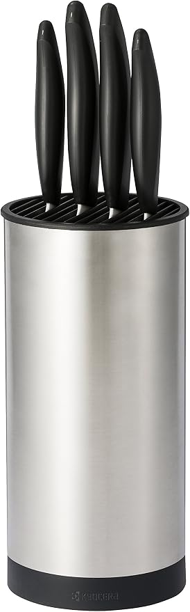 Kyocera KB-U-SS Universal Knife Block, One, Stainless 8.8" x 4.3" | KYOCERA Universal Knife Block: Compact, Round Storage for 6-8 Ceramic Knives, Removable Slotted Top, Dishwasher-Safe Design