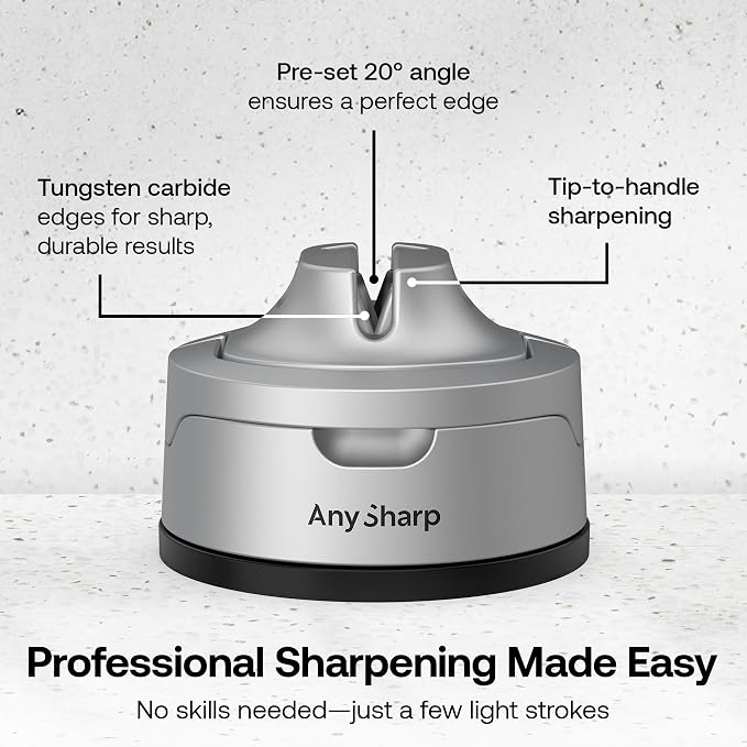 AnySharp – Evo – Hands Free Knife Sharpener - Easy to Use Sharpening Tool with Improved PowerGrip Suction Base and 20-Deg Pre-Set Angle - for All Knives: Chef's, Serrated, and Hardened Steel - Silver