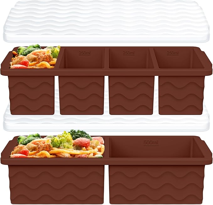 Silicone Freezer Molds for Soup with Lid, 1-Cup & 2-Cup Large Ice Cube Trays Food Storage Containers for Meal Prep, Freeze 500mL/250mL/125mL Portions – 2 Pack