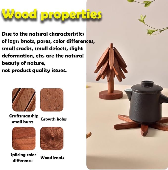 Wooden Cup Coaster Set,Christmas Tree Shape Trivet Set,4 Wooden Trivets and 1 Stand for Hot Pots and Pans Collapsible Coasters Heat Resistant Pads for Kitchen Counter (Sapele)